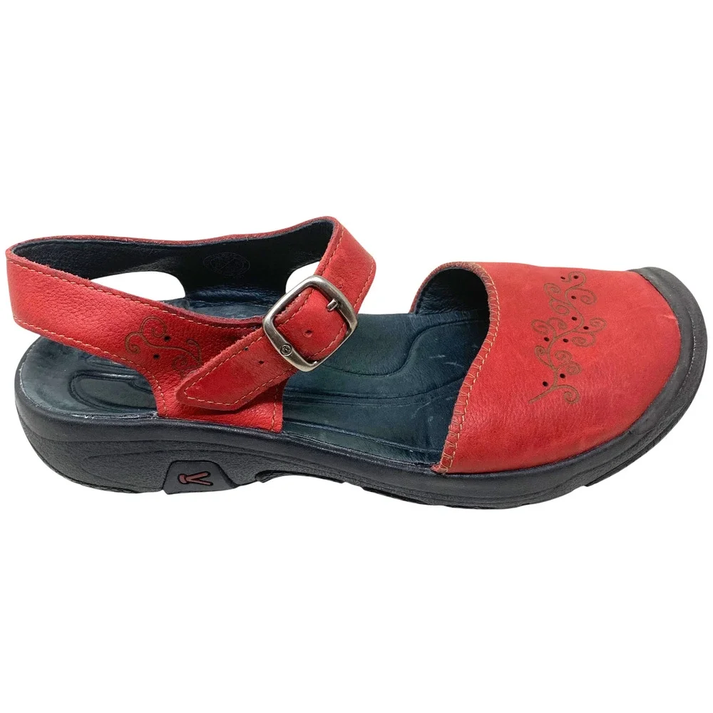 KEEN Women's Red Leather Mary Jane Buckle Comfort Shoes Floral Size 8.5